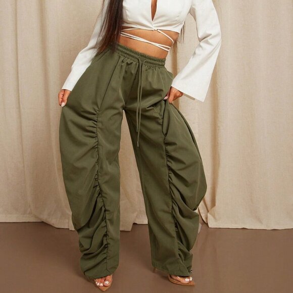 Green Casual Women's Ruched Wide Leg Drawstring Waist contemporary Pants - Picture 1 of 5